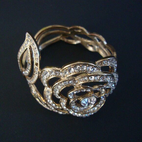 Vintage Gold Tone Clear Crystal Gemstone Hinged Cuff Bracelet - Picture 6 of 9
